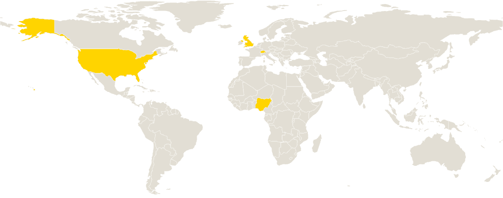 World map highlighting the United States, United Kingdom, Switzerland and Nigeria